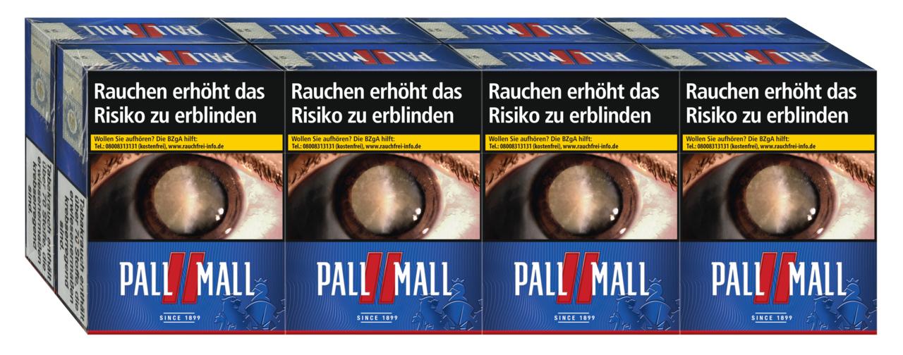 Pall Mall Zigaretten Red Giga 1 Stange (8 Packungen á 26 Stück) mit blauen und weißen Packungen und der Warnung "Rauchen erhöht das Risiko zu erblinden".