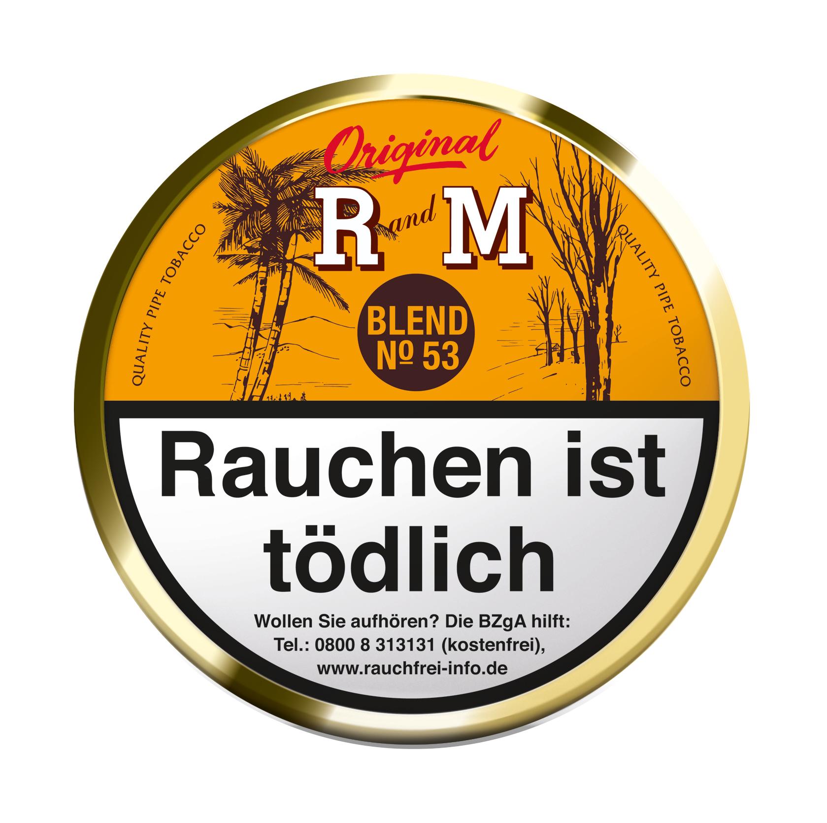 Runde Dose Rum and Maple Pfeifentabak mit 100 Gramm Inhalt, goldenem Rand, Schriftzug Blend No. 53 und illustriertem Baum-Design auf der Oberseite.