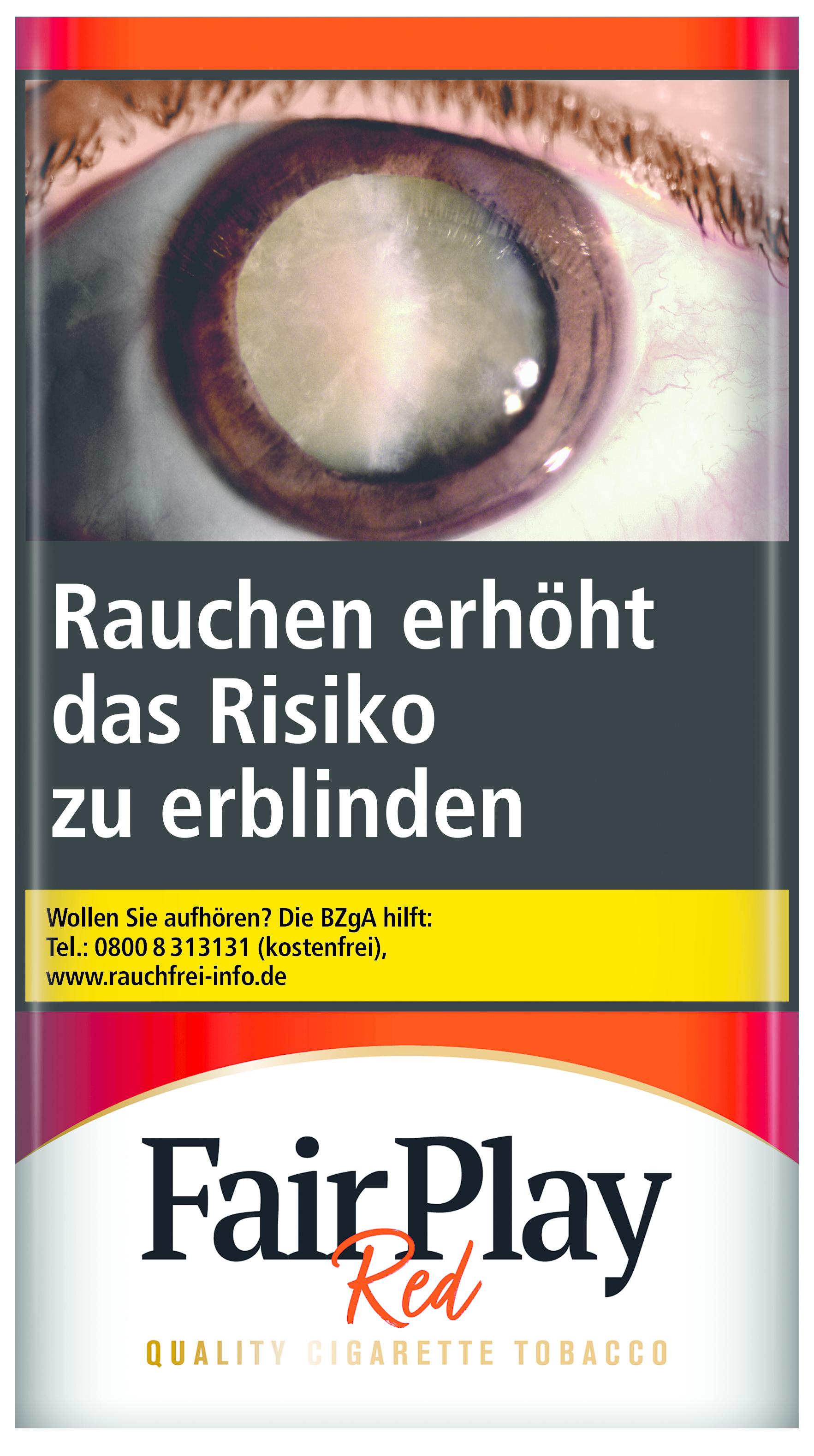 Fair Play American Blend Zigarettentabak, 6 Pouches à 30 Gramm, mit gesundheitlichem Warnhinweis und Markenlogo auf dunkelgrauem Hintergrund.
