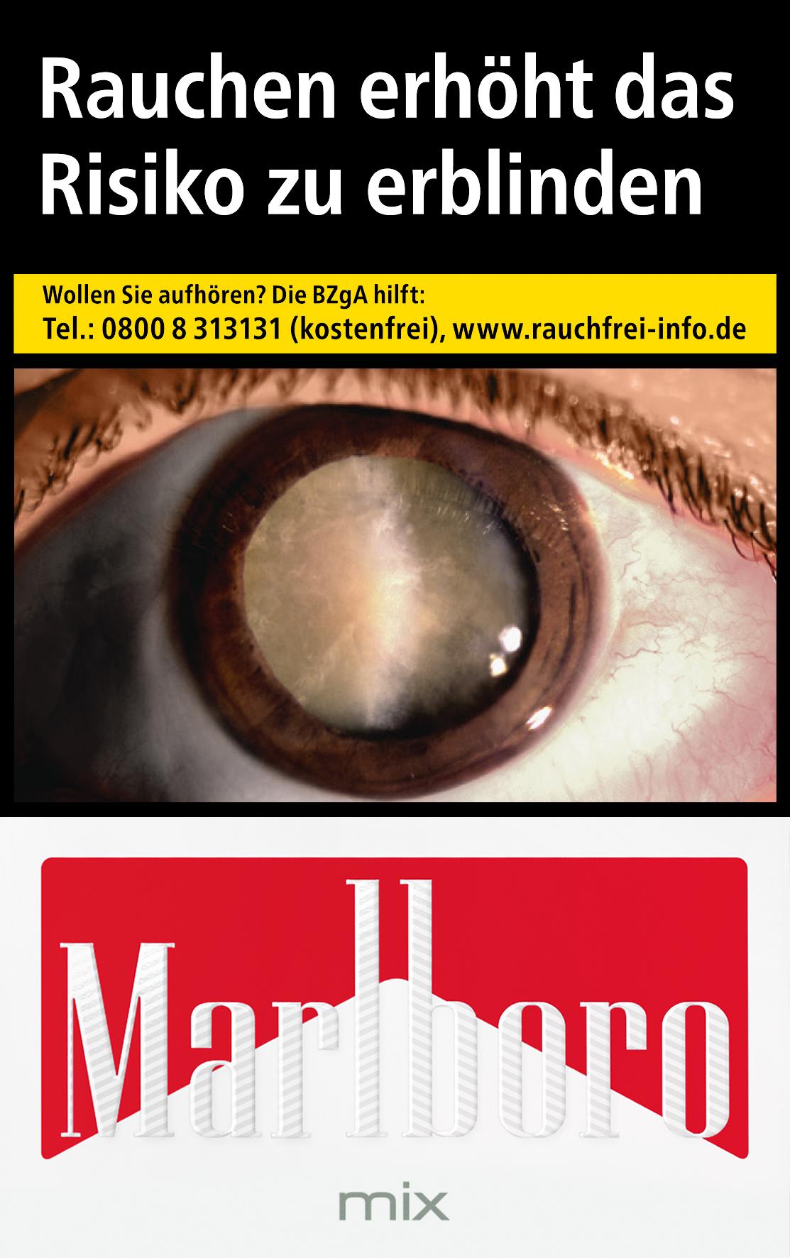 Marlboro Mix OP Zigaretten, 1 Packung mit 20 Stück. Produktabbildung mit Marlboro Logo, Warnhinweis 'Rauchen erhöht das Risiko zu erblinden' und Kontaktdaten zur Rauchentwöhnung.