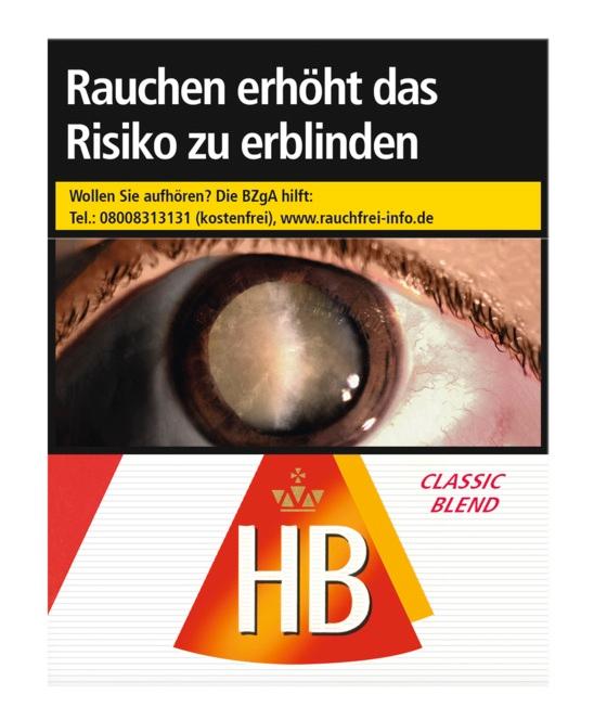 HB Zigaretten Classic Blend Giga Packung mit 22 Stück, weiße Schachtel mit HB-Logo und dem Warnhinweis "Rauchen erhöht das Risiko zu erblinden" inklusive Augen-Motiv.