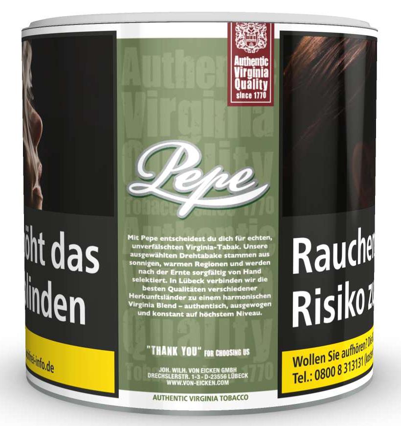 Pepe Zigarettentabak Rich Green in der 80 Gramm Dose, ein authentischer Virginia-Tabak ohne Zusatzstoffe hergestellt von der Joh. Wilh. von Eicken GmbH.
