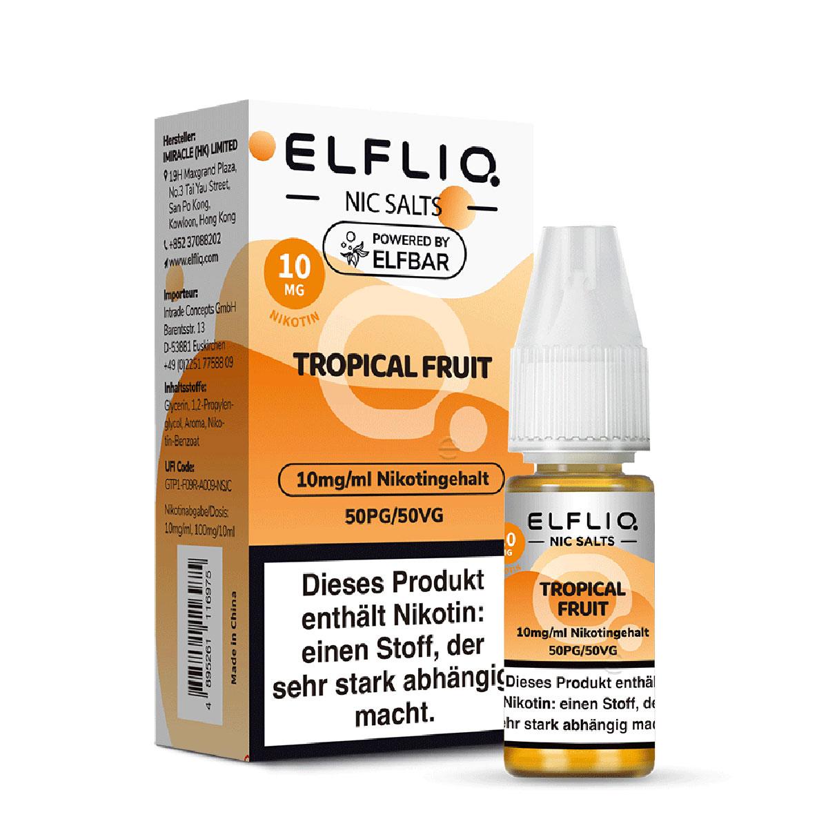 ELFLIQ E-Liquid in der 10mg Nikotinstärke, bestehend aus einer orange-weißen Faltschachtel und einer bernsteinfarbenen Flasche, 1 Stück.