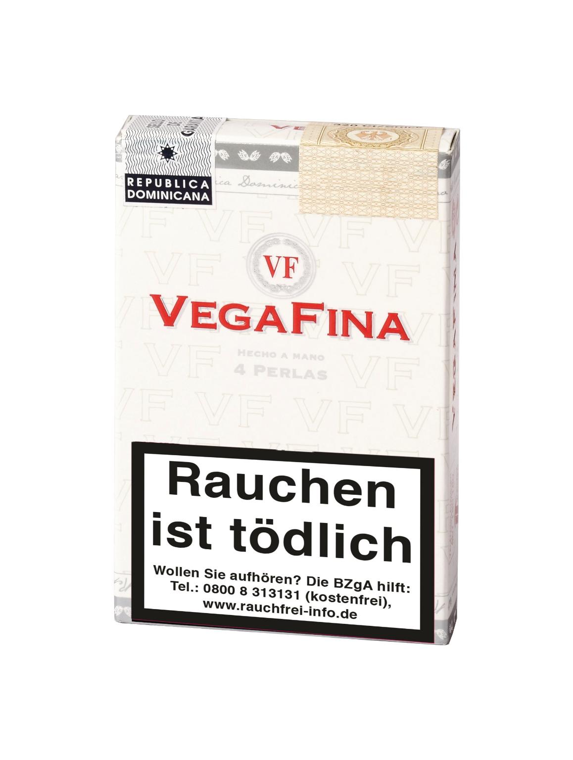 Packung VegaFina Zigarren Perla aus der Dominikanischen Republik, weiß-goldenes Design, blaues VF-Logo, enthält 4 milde Longfiller-Zigarren.