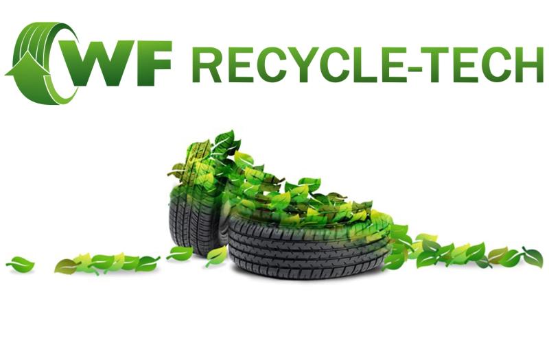 Three tires partially covered with green leaves under the logo that says "WF RECYCLE-TECH" with a green design element.