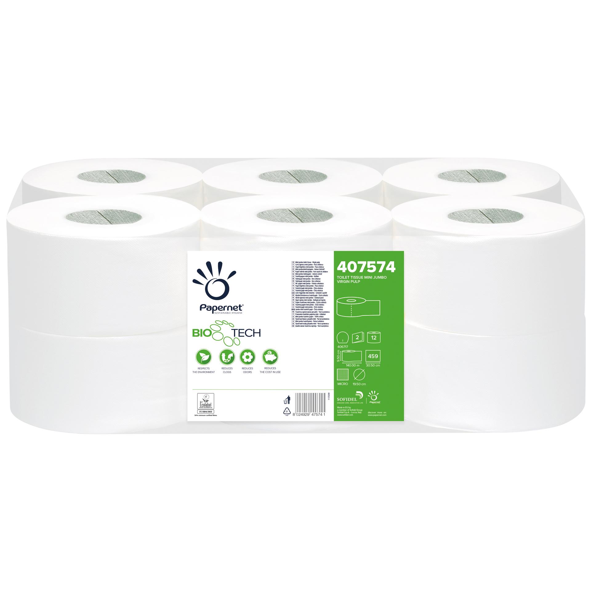 Papernet Selbstauflösendes Toilettenpapier Bio Tech 2-lagig 12 Mini Jumbo Rollen Papernet Selbstauflösendes Toilettenpapier Bio Tech 2-lagig 12 Mini Jumbo Rollen