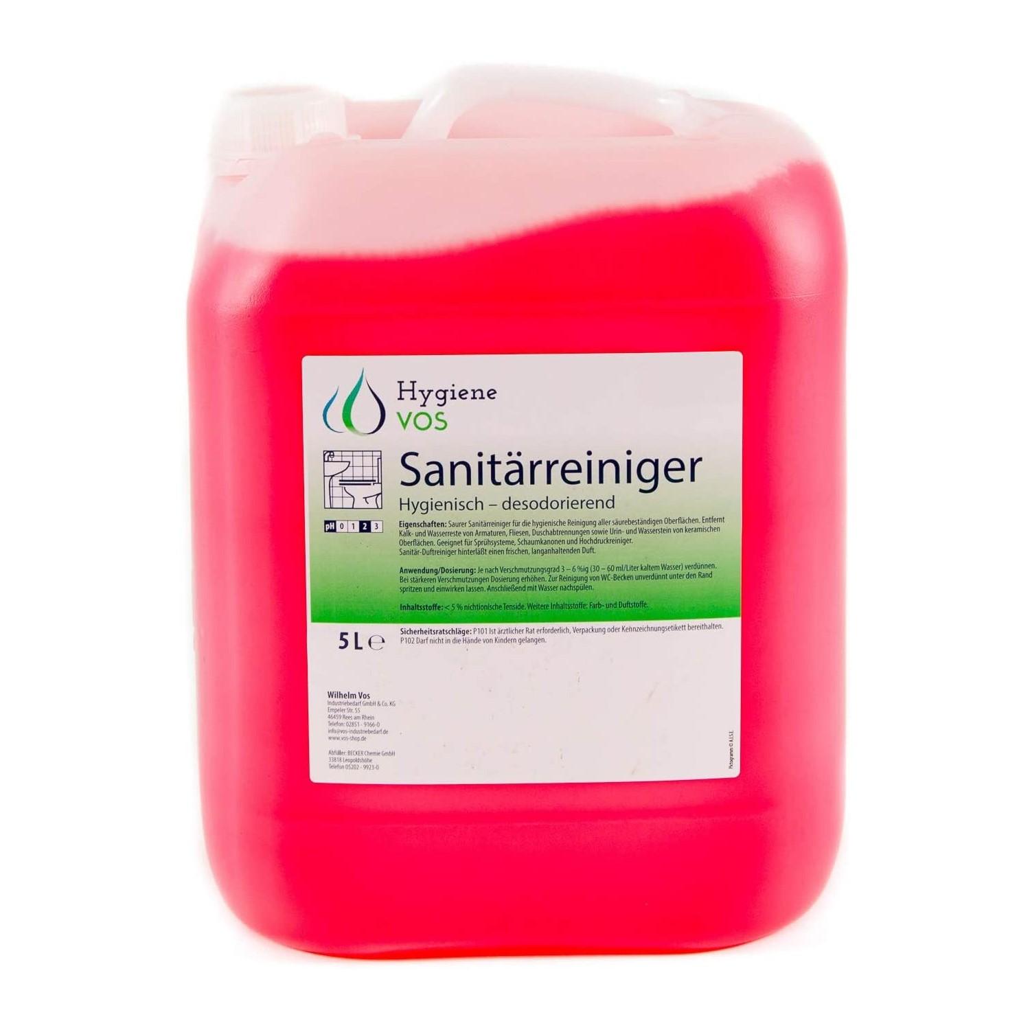 Hygiene Vos Sanitärreiniger 5L / 10L – Saurer Reiniger für Kalk- und Urinsteinentfernung mit Frischem Duft Hygiene Vos Sanitärreiniger Kanister