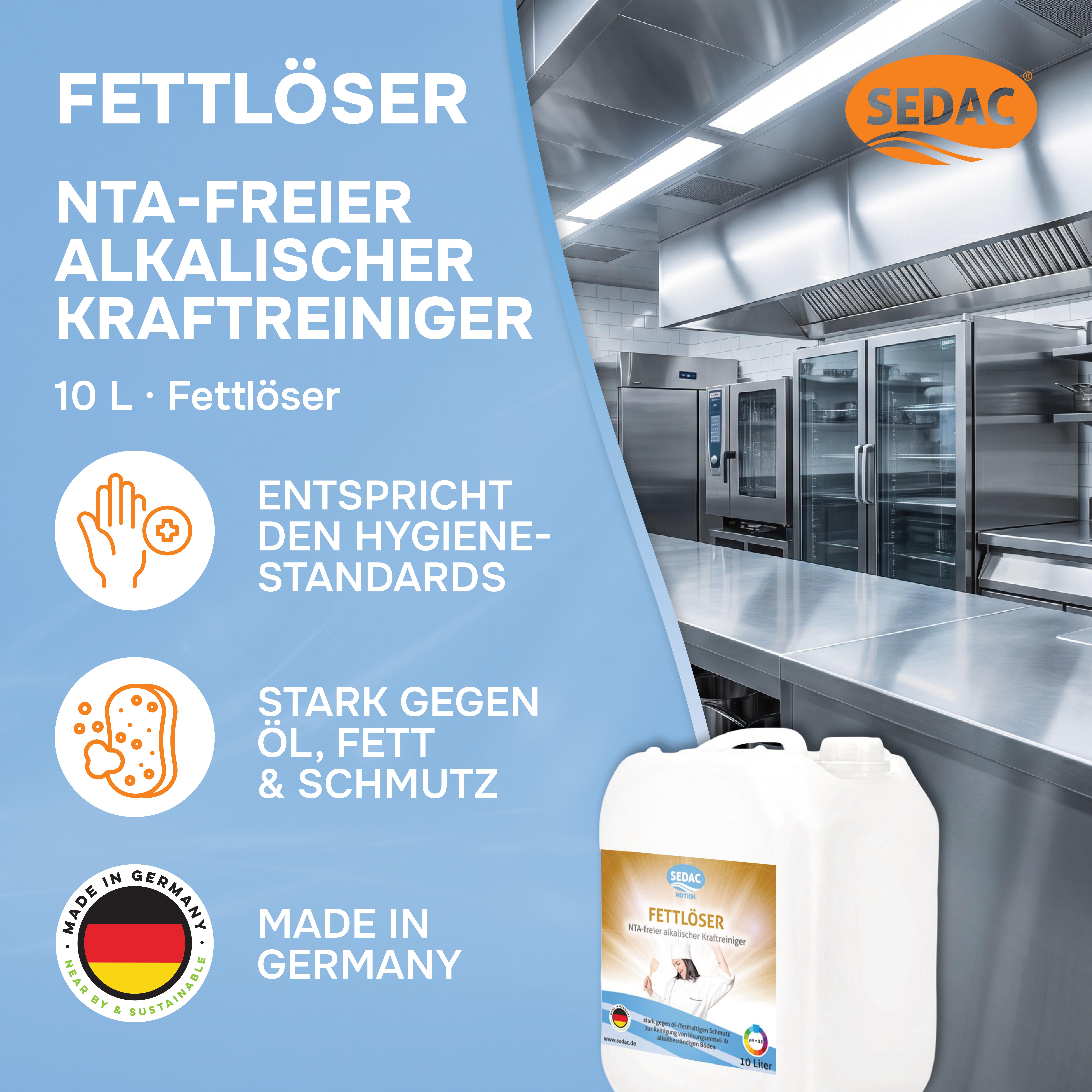 SEDAC - Motion Fettlöser 10L – Alkalischer Kraftreiniger & Entfetter für Gastro & Großküchen 