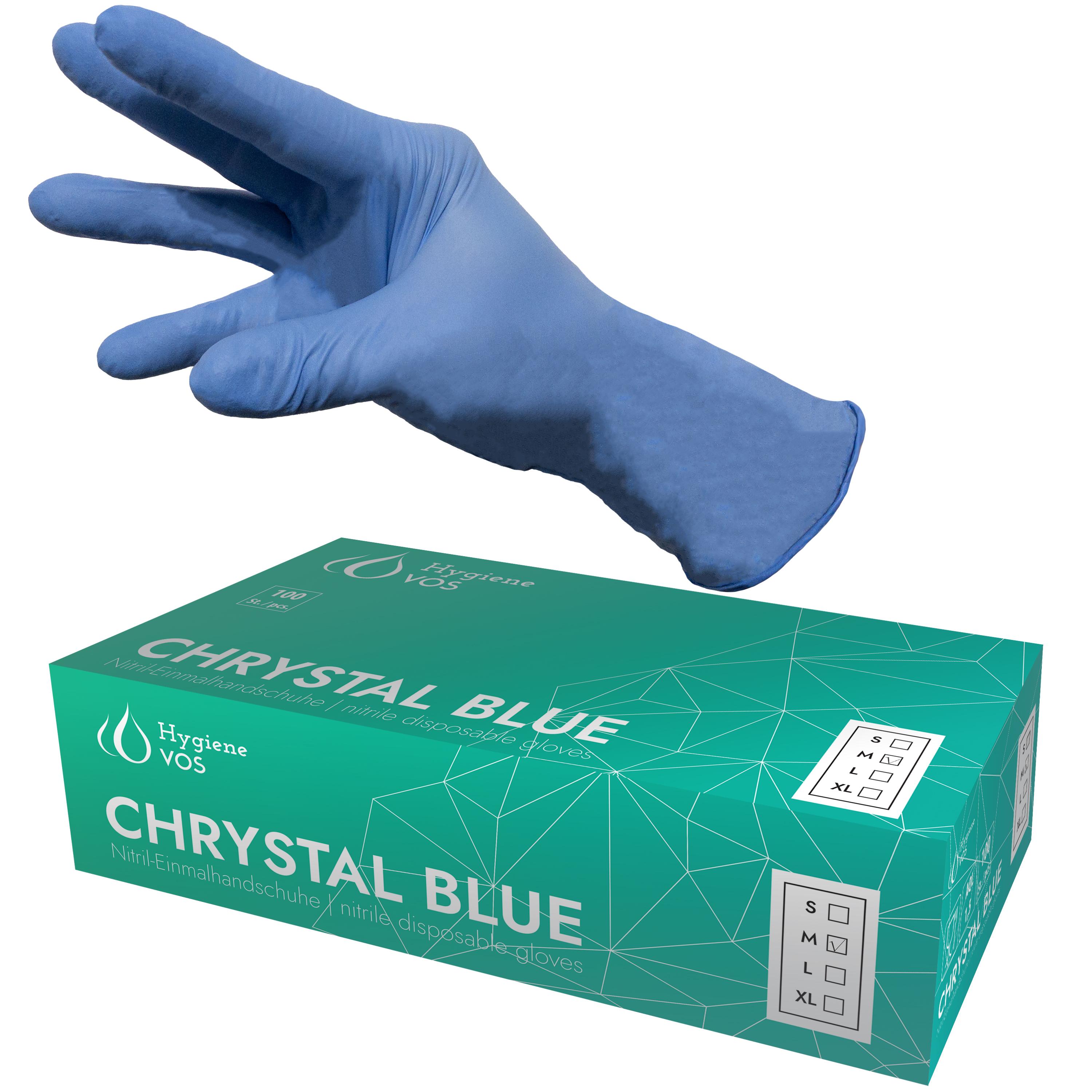 Hygiene VOS Nitril Einweghandschuhe Chrystal Blue – 10 Boxen à 100 Stück, Puderfrei & Latexfrei, Chemikalienbeständig & Durchstichfest, EN 455 & EN ISO 374, Größen S, M, L, XL