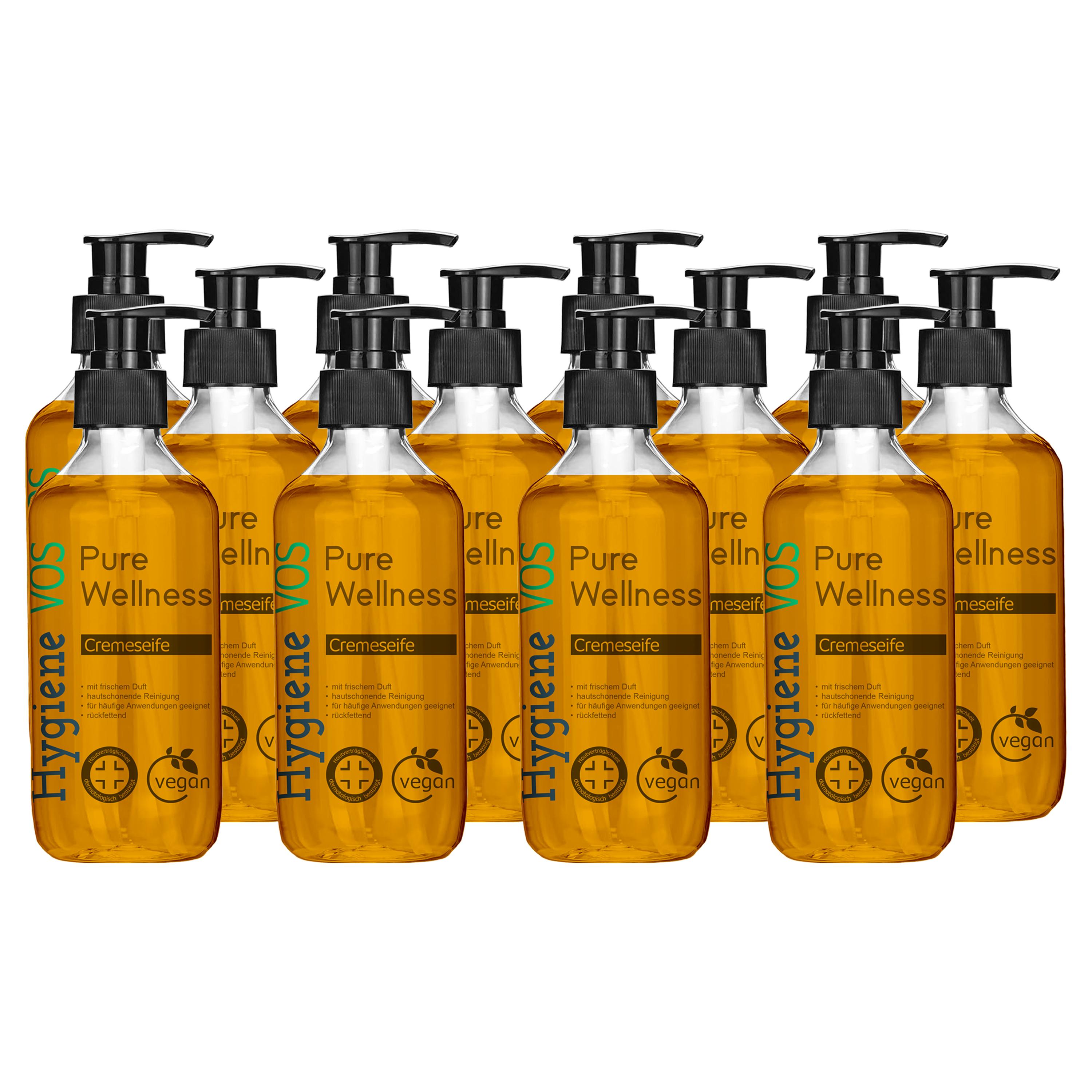 Hygiene VOS Cremeseife Pure Wellness – 12 x 500 ml Pumpspender – Rückfettende Hautpflege – Frischer Duft – Dermatologisch getestet – Vegan – Vorratspack – Made in Germany 