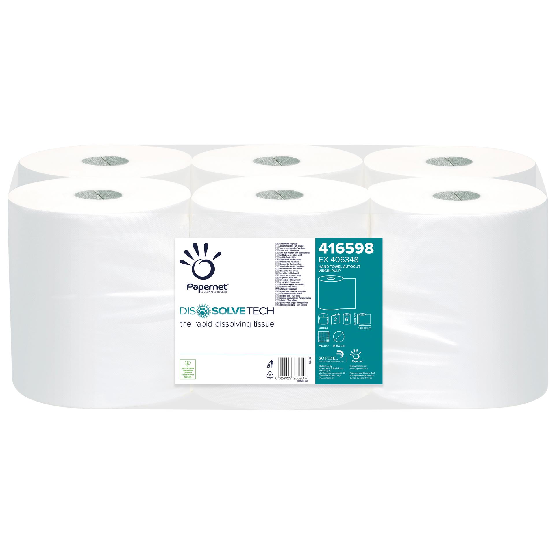 Papernet - Dissolve Tech Schnelllösliche Papierhandtuchrollen, 2-lagig, 6 Rollen, 140m Papernet - Dissolve Tech Schnelllösliche Papierhandtuchrollen, 2-lagig, 6 Rollen, 140m