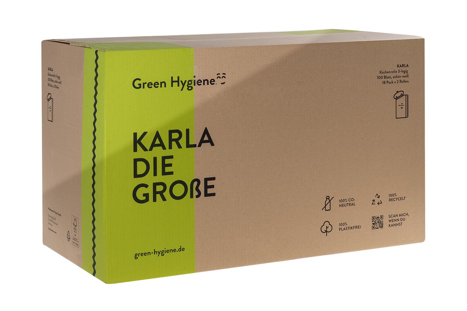 Huchtemeier - Green Hygiene - KARLA Küchenrolle 3-lagig 18 x 2 Rollen á 100 Blatt: Umweltbewusst reinigen und trocknen