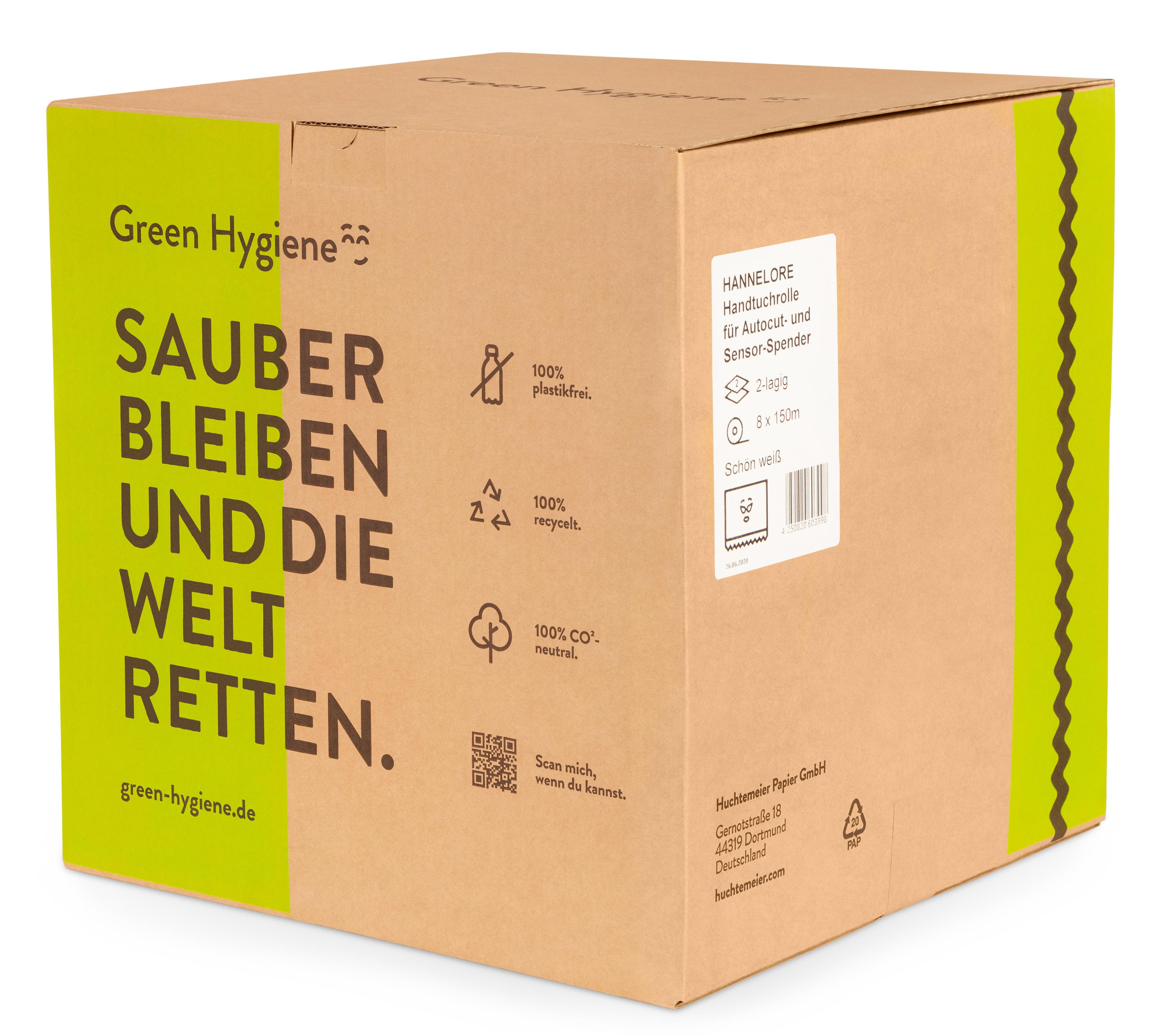 Huchtemeier - Green Hygiene - HANNELORE Handtuchrolle 2-lagig 8 Rollen á 150m: Umweltbewusstes Handtuchpapier für effiziente Reinigung