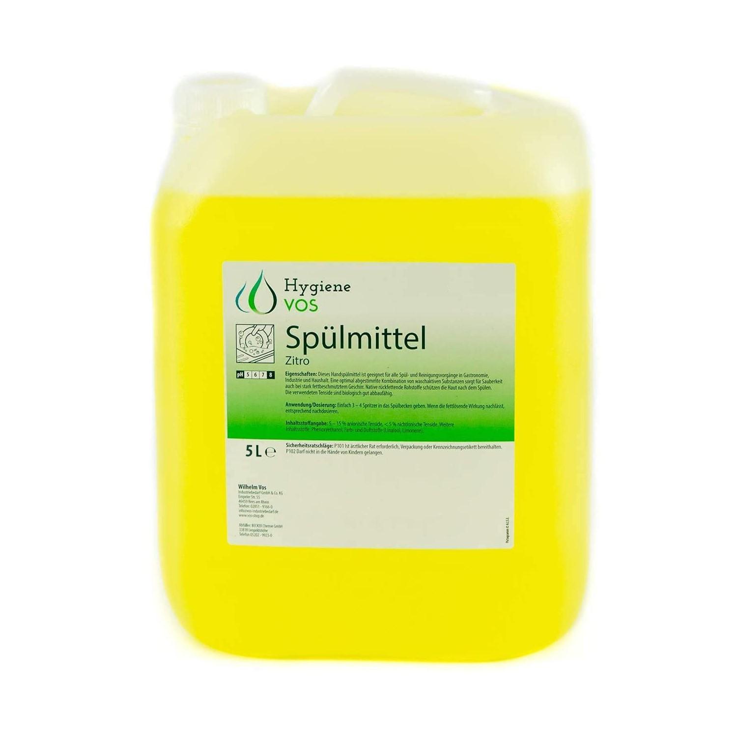 Hygiene Vos Spülmittel Zitro 5L / 10L – Hautfreundliches und Fettlösendes Geschirrspülmittel mit Zitrusduft Hygiene Vos Spülmittel Kanister