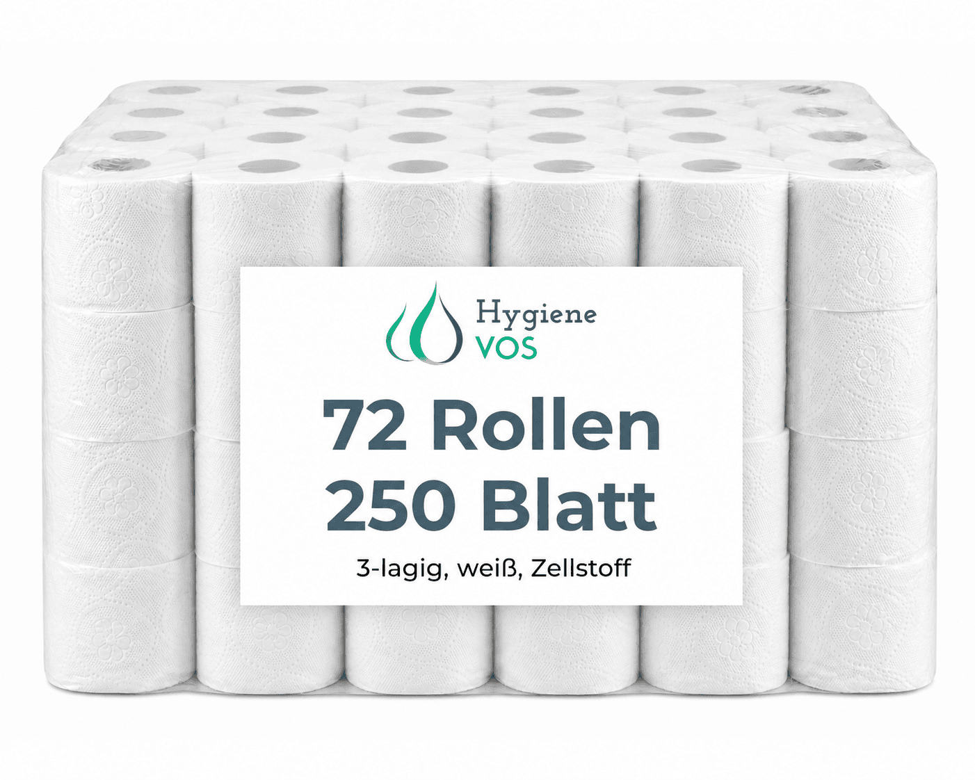 Hygiene VOS - Toilettenpapier 3-lagig 250 Blatt Zellstoff – 72 Rollen für Großfamilien, Betriebe und Verwaltungen 