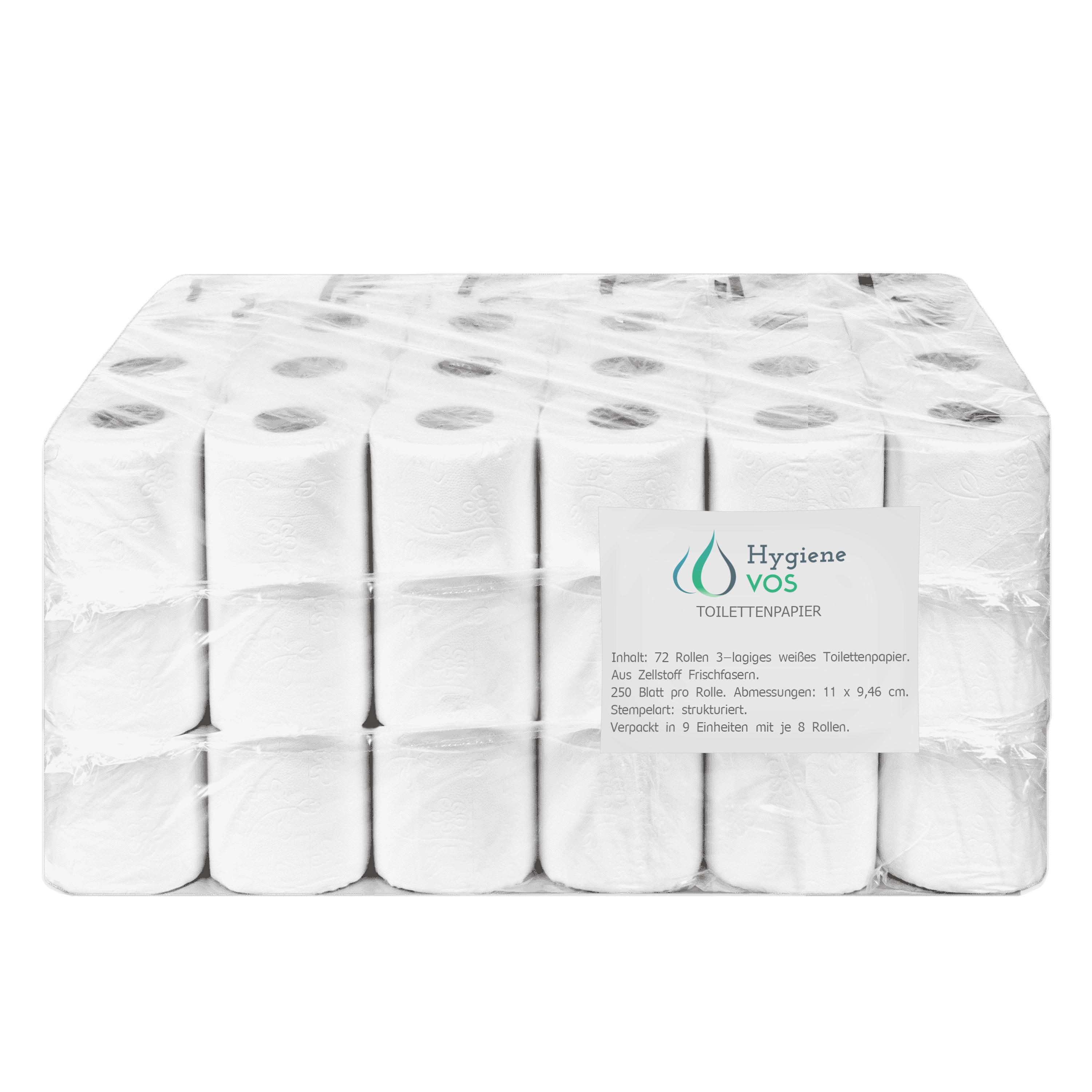 Hygiene Vos - Toilettenpapier 3-lagig 250 Blatt Zellstoff – 72 Rollen für Großfamilien, Betriebe und Verwaltungen 
